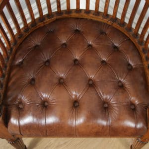 Antique English Pair of Victorian Oak & Brown Leather Office Desk Library Club Arm Chairs (Circa 1850) - yolagray.com