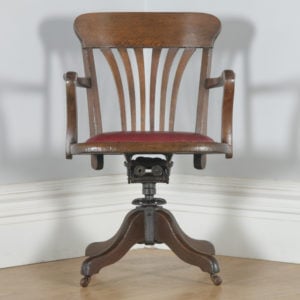 Antique English Edwardian Oak & Red Leather Revolving Office Desk Arm Chair (Circa 1910) - yolagray.com