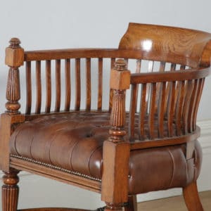 Antique English Pair of Victorian Oak & Brown Leather Office Desk Library Club Arm Chairs (Circa 1850) - yolagray.com