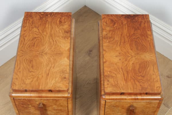 Antique English Art Deco Burr Walnut Three Piece Bedroom Suite by Ray & Miles of Liverpool Incorporating Wardrobe, Tallboy Chest of Drawers & Bedside Cabinets (Circa 1930) - yolagray.com