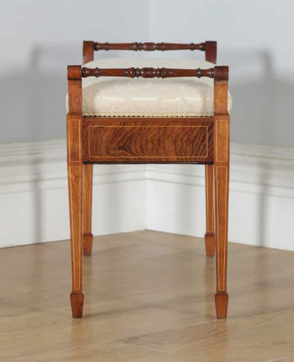 Antique English Edwardian Rosewood & Satinwood Inlaid Marquetry Piano / Music / Duet Stool by James Shoolbred (Circa 1910) - yolagray.com