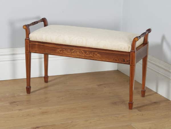 Antique English Edwardian Rosewood & Satinwood Inlaid Marquetry Piano / Music / Duet Stool by James Shoolbred (Circa 1910) - yolagray.com