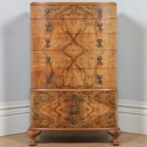 Antique English Queen Anne Style / Art Deco Burr Walnut Bow Front Tallboy Chest of Drawers (Circa 1930) - yolagray.com