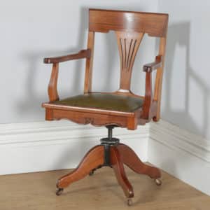 Antique English Edwardian Art Nouveau Cherry Wood & Green Leather Revolving Office Desk Arm Chair (Circa 1910) - yolagray.com