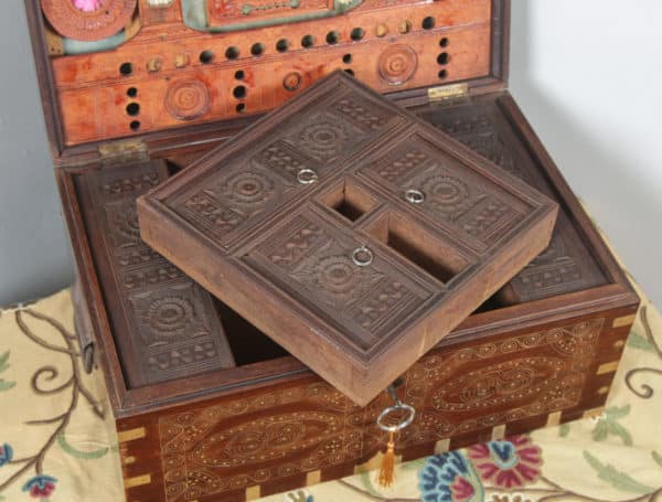 Antique Victorian Burmese Teak & Brass Chiming Colonial Campaign Mandalay Writing Jewellery Sewing Box (Circa 1880) - yolagray.com