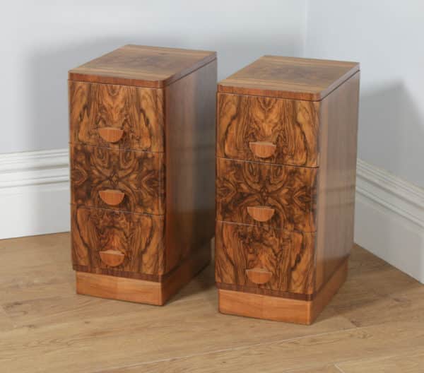 Antique English Pair of Art Deco Burr Walnut Bedside Chests Tables Nightstands (Circa 1930) - yolagray.com