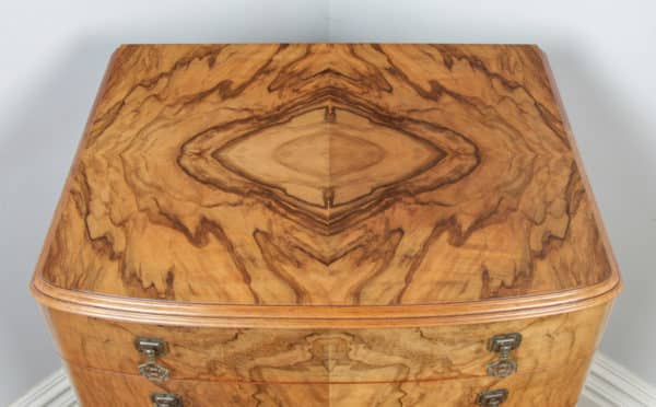 Antique English Queen Anne Style / Art Deco Burr Walnut Bow Front Tallboy Chest of Drawers (Circa 1930) - yolagray.com
