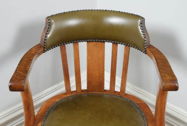 Antique English Edwardian Oak & Green Leather Revolving Office Desk Arm Chair (Circa 1910) - yolagray.com
