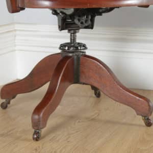 Antique English Edwardian Mahogany & Red Leather Revolving Office Desk Arm Chair by J. W. Cooke & Co. (Circa 1910) - yolagray.com