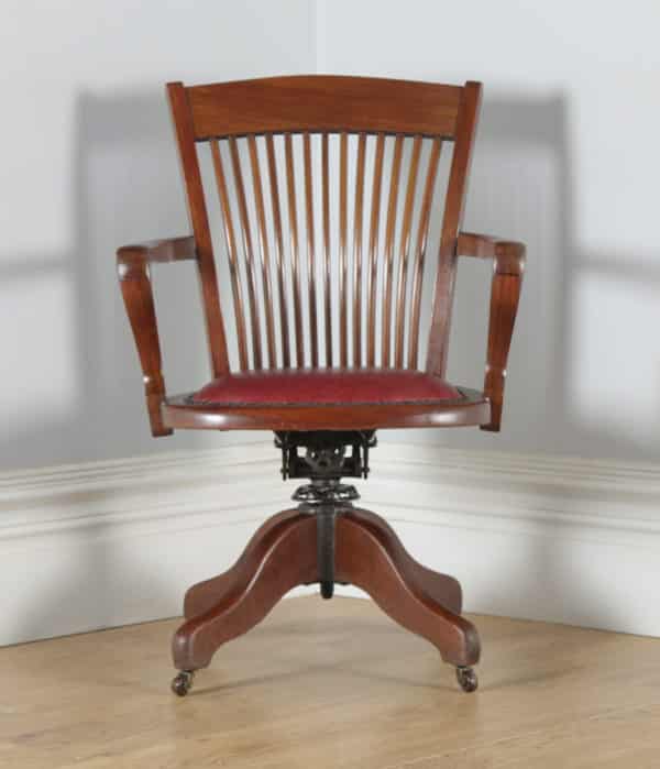 Antique English Edwardian Mahogany & Red Leather Revolving Office Desk Arm Chair by J. W. Cooke & Co. (Circa 1910) - yolagray.com