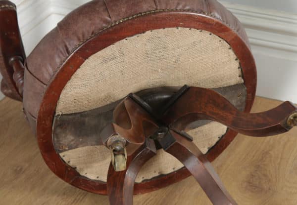 Antique English Victorian Walnut & Brown Leather Revolving Office Desk Arm Chair (Circa 1880) - yolagray.com