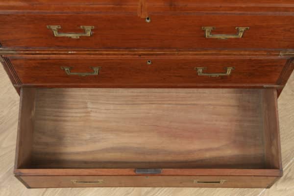 Small Antique English Victorian Teak & Brass Military Campaign Chest of Drawers (Circa 1830) - yolagray.com