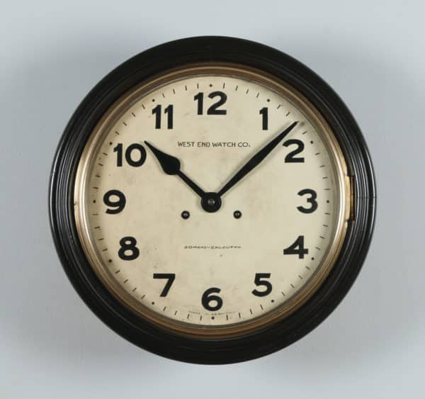 Antique 15½” Mahogany Railway Station / School Round Wall Clock by West End Watch Co. (Chiming) - yolagray.com