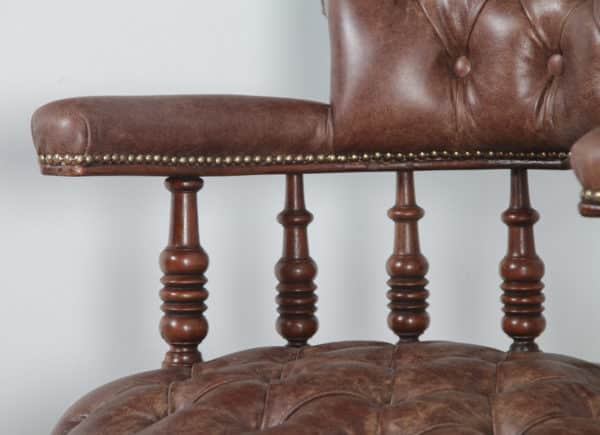 Antique English Victorian Walnut & Brown Leather Revolving Office Desk Arm Chair (Circa 1880) - yolagray.com