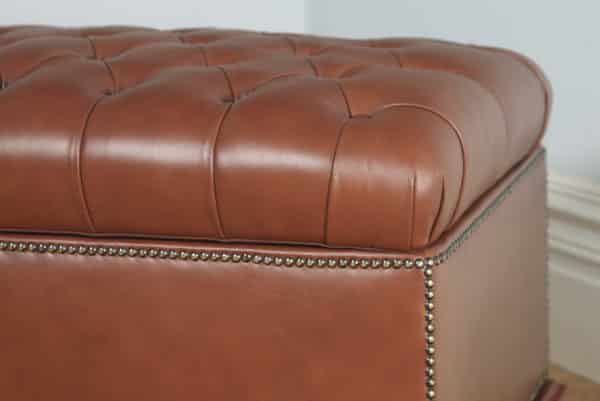 Antique English Victorian Mahogany Brown Tan Leather Ottoman Trunk (Circa 1880) - yolagray.com