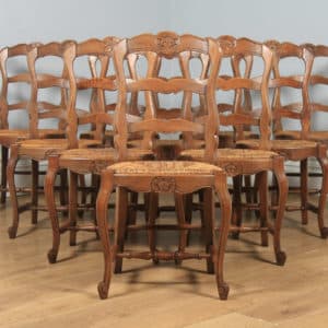Antique Set of 10 Ten French Louis XV Style Oak Ladder Back Kitchen Dining Chairs (Circa 1910) - yolagray.com