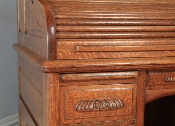Antique American Edwardian 4ft 2” Oak Roll Top Pedestal Office Writing Desk by Horrocks Standard Company (Circa 1910) - yolagray.com