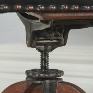 Antique English Edwardian Oak & Red Oxblood Leather Revolving Adjustable Office Desk Arm Tub Chair (Circa 1910) - yolagray.com