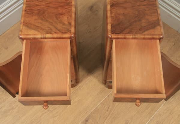 Antique English Pair of Art Deco Burr Walnut Serpentine Bedside Chests Cupboards Tables Nightstands (Circa 1930) - yolagray.com