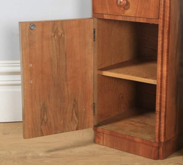 Antique English Pair of Art Deco Figured Walnut Bedside Chests Cupboards Tables Nightstands (Circa 1930) - yolagray.com