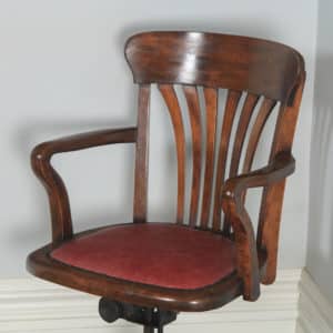 Antique English Edwardian Beech & Oak Red Leather Revolving Office Desk Arm Chair By Simpoles of Manchester (Circa 1910) - yolagray.com