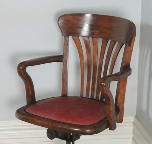 Antique English Edwardian Beech & Oak Red Leather Revolving Office Desk Arm Chair By Simpoles of Manchester (Circa 1910) - yolagray.com