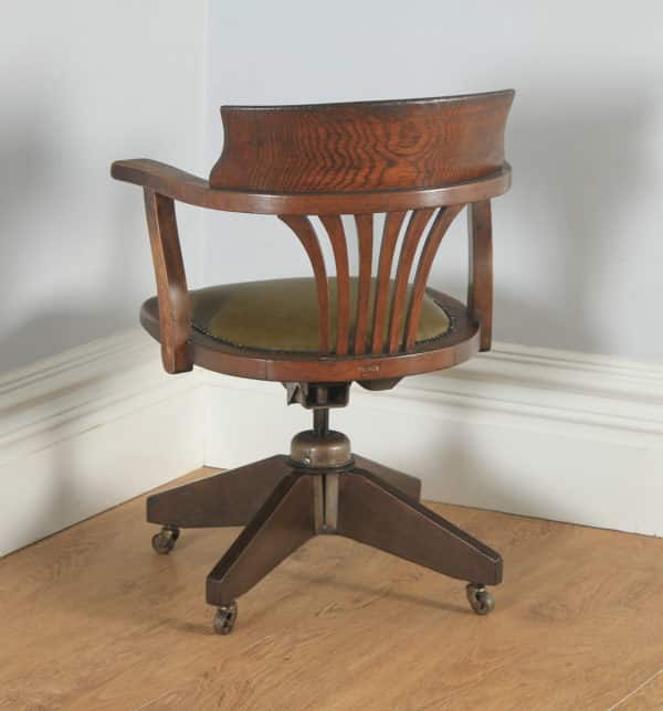 Antique English George V Oak & Green Leather Revolving Office Desk Arm Chair (Circa 1920) - yolagray.com