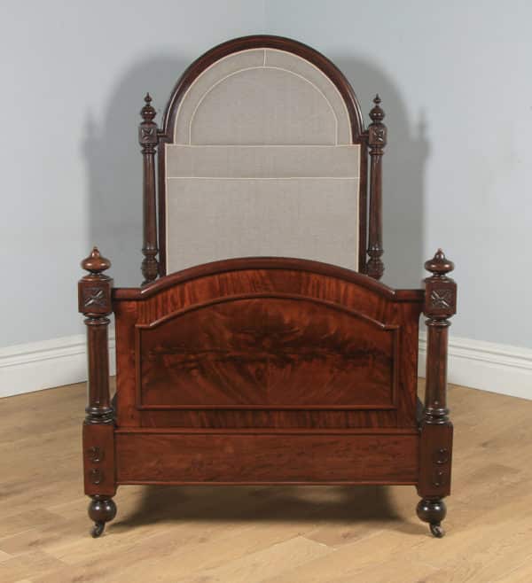 Antique English Victorian Gothic Flame Mahogany 4ft Small Double Half Tester Bed (Circa 1850) - yolagray.com