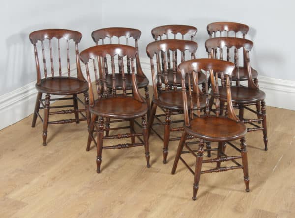 Antique English Set of 8 Eight Victorian Ash & Elm Windsor Spindle Bar Back Kitchen Dining Chairs (Circa 1880) - yolagray.com