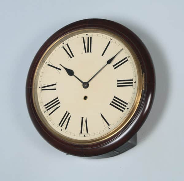 Antique 15" Mahogany Railway Station / School Round Dial Wall Clock (Timepiece) - yolagray.com