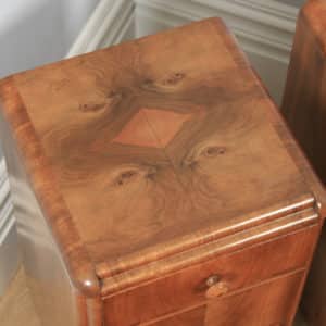 Antique English Pair of Art Deco Figured Walnut Bedside Chests Cupboards Tables Nightstands (Circa 1930) - yolagray.com