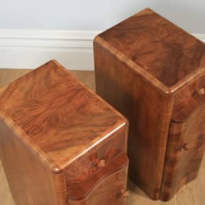 Antique English Pair of Art Deco Burr Walnut Serpentine Bedside Chests Cupboards Tables Nightstands (Circa 1930) - yolagray.com