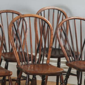 Antique English Set of 10 Ten Victorian Ash, Beech & Elm Windsor Stick & Hoop Back Kitchen Dining Chairs (Circa 1840) - yolagray.com