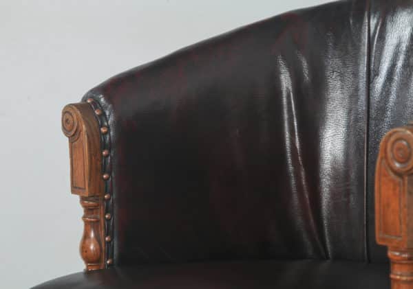 Antique English Edwardian Oak & Red Oxblood Leather Revolving Adjustable Office Desk Arm Tub Chair (Circa 1910) - yolagray.com