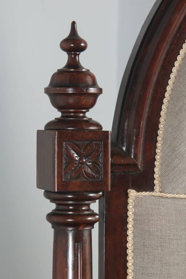 Antique English Victorian Gothic Flame Mahogany 4ft Small Double Half Tester Bed (Circa 1850) - yolagray.com