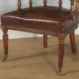 Antique English Victorian Oak & Tan Brown Leather Office / Library Desk Tub Arm Chair (Circa 1890) - yolagray.com