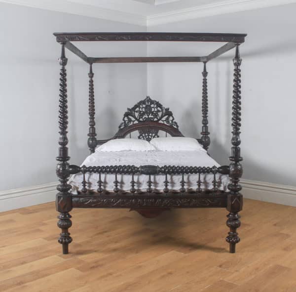 Antique 5ft 7” Victorian Anglo-Indian Colonial King Size Four Poster Bed (Circa 1880) - yolagray.com