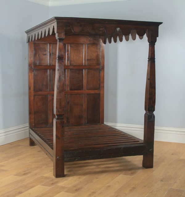 Antique English Charles II Style 5ft King Size Oak Four Poster Bed (Circa 1870) - yolagray.com