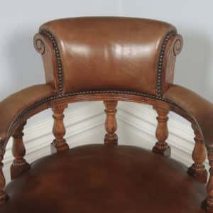 Antique English Victorian Oak & Tan Brown Leather Office / Library Desk Tub Arm Chair (Circa 1890) - yolagray.com