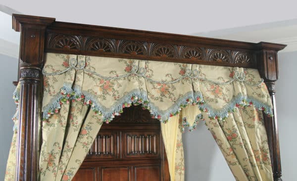 English Tudor Style 6ft Super King Size Oak Carved Full Tester Four Poster Bed with Drapes By Royal Oak (Circa 1980) - yolagray.com