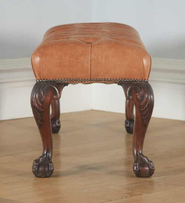 Antique English Georgian Chippendale Style Mahogany & Tan Brown Buttoned Leather Ottoman Duet Stool (Circa 1880) - yolagray.com