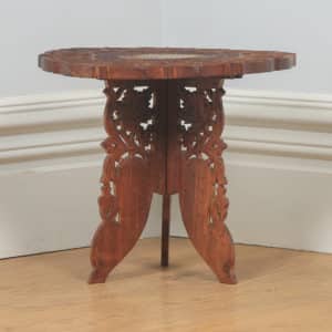 Pair of Anglo Indian Leaf Carved & Bone Inlaid Teak Occasional Side Tables (Circa 1980) - yolagray.com