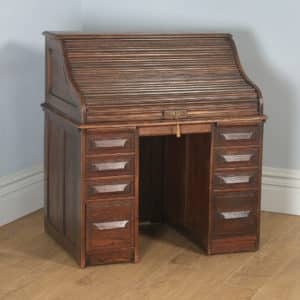 Antique English George V 3ft 6” Oak Roll Top Pedestal Office Desk (Circa 1920) - yolagray.com