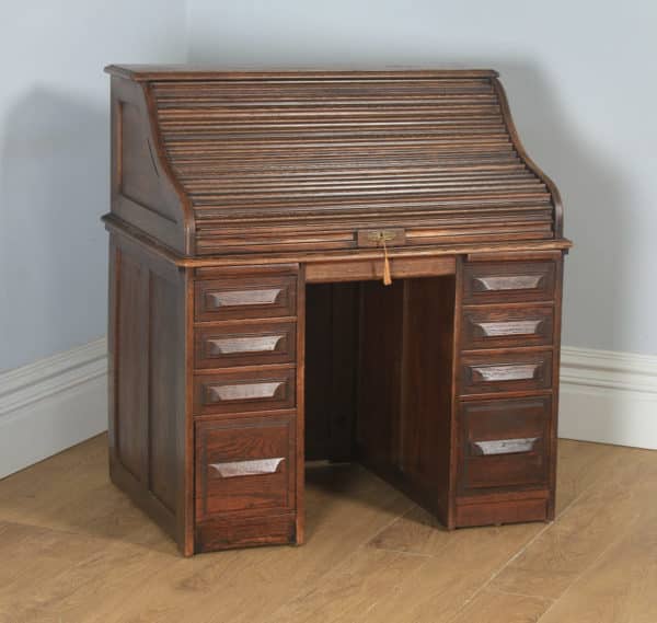 Antique English George V 3ft 6” Oak Roll Top Pedestal Office Desk (Circa 1920) - yolagray.com