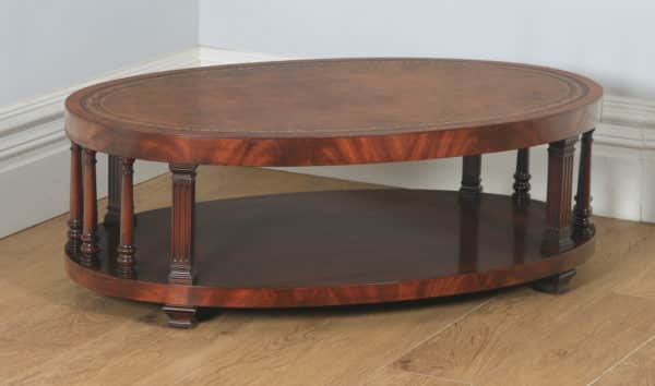 Vintage English Georgian Style Flame Mahogany & Leather Oval Coffee Table (Circa 1970) - yolagray.com