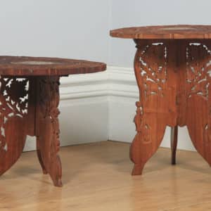 Pair of Anglo Indian Leaf Carved & Bone Inlaid Teak Occasional Side Tables (Circa 1980) - yolagray.com