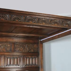 English Tudor Style 6ft Super King Size Oak Carved Full Tester Four Poster Bed with Drapes By Royal Oak (Circa 1980) - yolagray.com