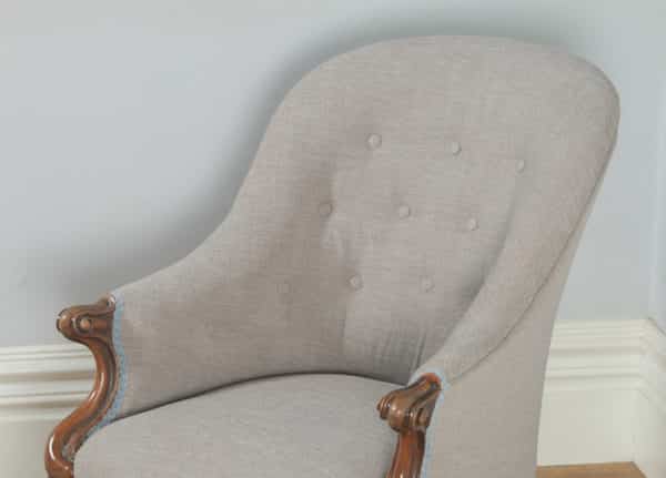 Antique English Victorian Mahogany Grey Taupe Upholstered Tub Armchair (Circa 1850) - yolagray.com