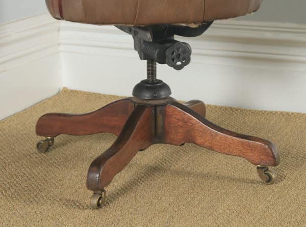 Antique English Victorian Mahogany & Tan Brown Leather Revolving Desk Arm Chair (Circa 1900) - yolagray.com