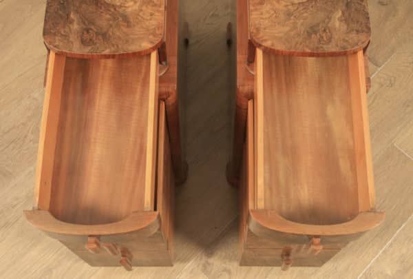 Antique English Pair of Art Deco Burr Walnut Bedside Chests Cupboards Tables Nightstands (Circa 1930) - yolagray.com